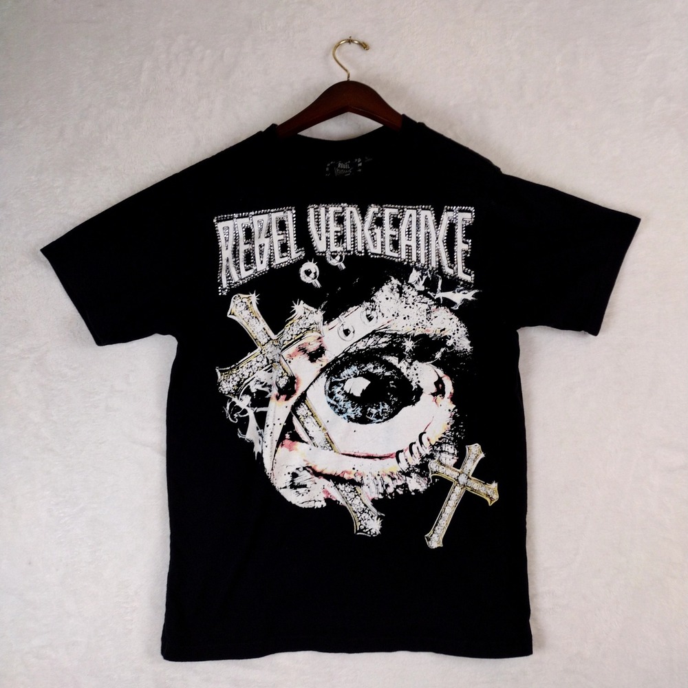 Rebel Vengeance Mens Black Graphic T-Shirt Rhinestone Eye Crosses Size L